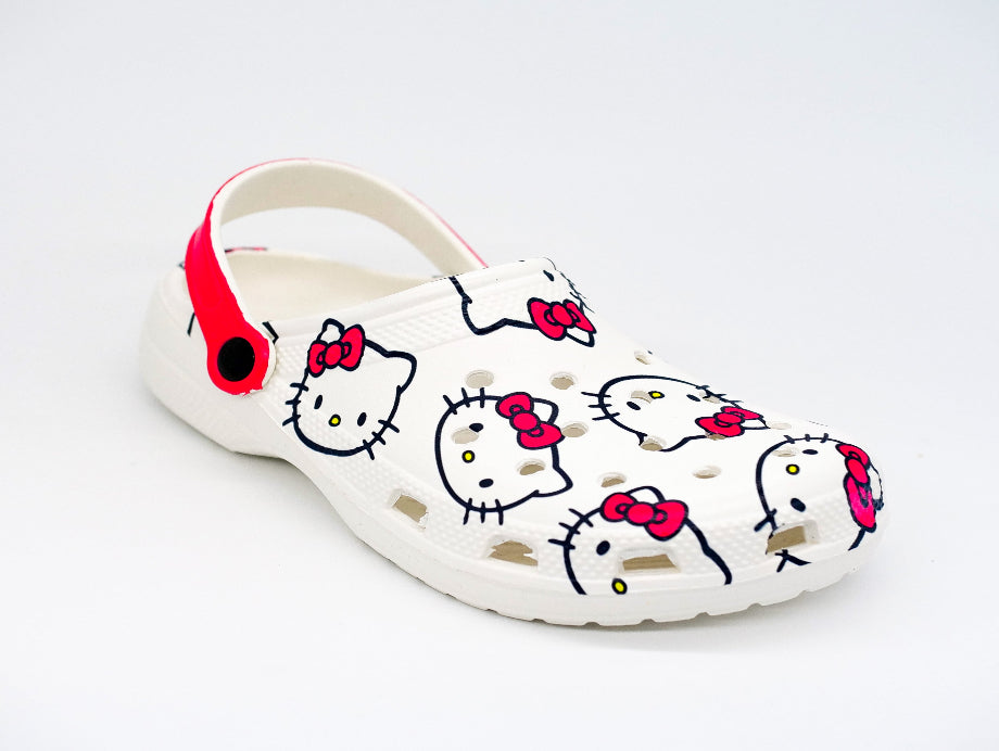 White clog shoe with Hello Kitty design on a light gray background